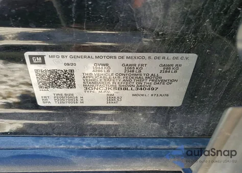 2020 Chevrolet Trax Ls z USA, uszkodzony, nr VIN 3GNCJKSB8LL340497